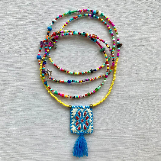 Beaded Multi Coloured Necklace w. Embroidered Charm