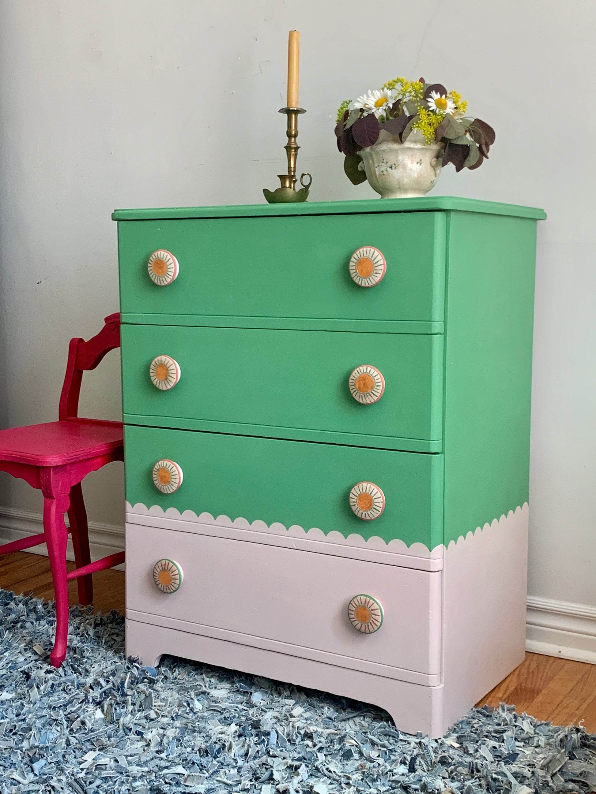 Pink/Green Scalloped Dresser- SOLD Poppyseed Creative Living Pink/Green Scalloped Dresser- SOLD Poppyseed Creative Living