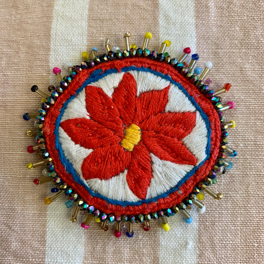 Embroidered/Beaded Brooch - Red Daisy